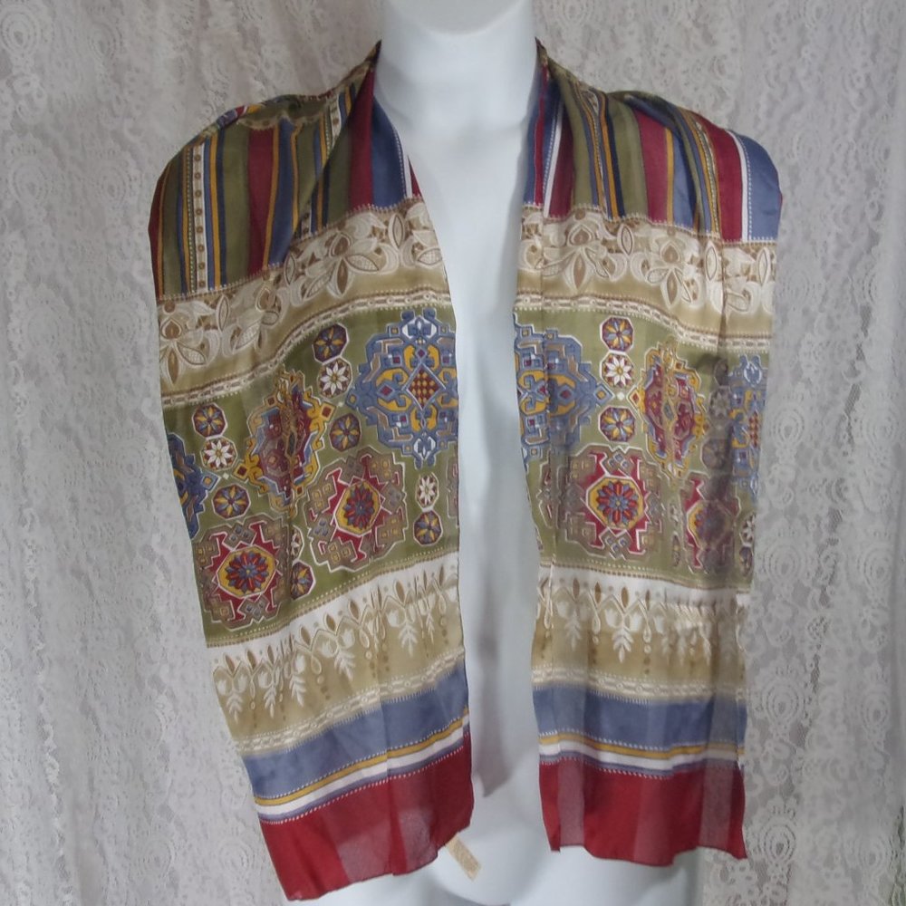 Scarf Gothic Print Gold Wine Blue Beige NWOT